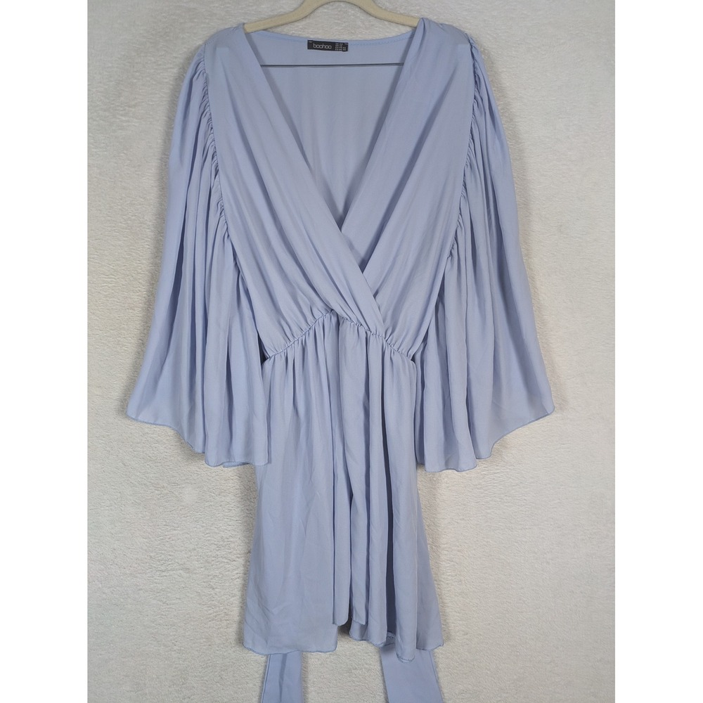 Boohoo Mini Dress Women's 16 Blue Angel Sleeve Wrap V-Neck Elastic Waist